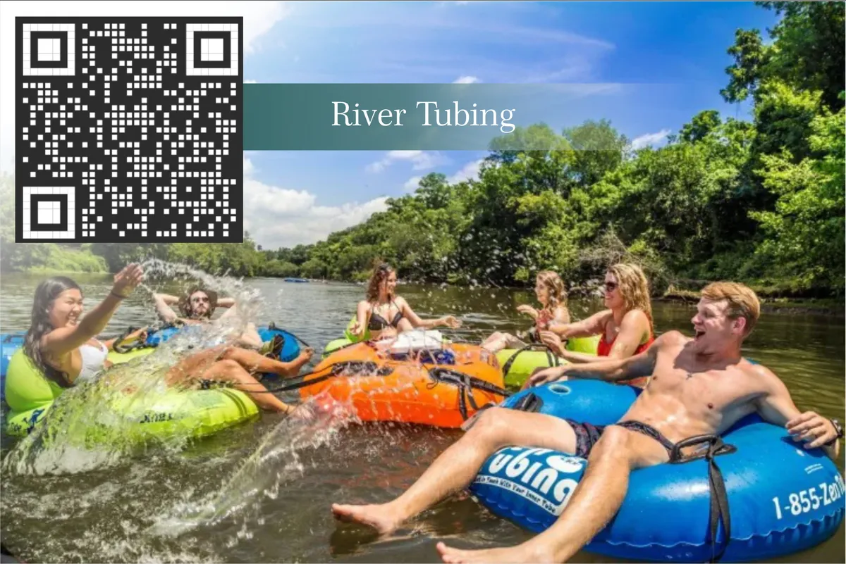 A joyful group enjoys river tubing, laughter and splashes all around, surrounded by lush greenery and flowing water. The scene is lively and playful, highlighting outdoor adventure and family fun in nature.